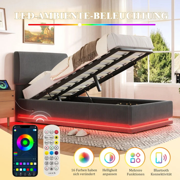 Polsterbett, Cord-Samt mit LED & USB-Anschluss, Stauraum, 91x207x102/107/112 cm, Dunkelgrau, ohne Matratze – Bild 5