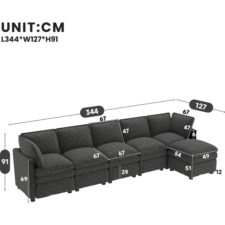 DESVIAE Sofa Grau aus Chenille – 344x91x127 cm – modular, Schlaffunktion, Hocker – Bild 10