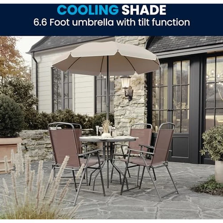 Flash Furniture Nantucket Garten-Set, 6-teilig, Braun, mit Tisch, Sonnenschirm und 4 Klappstühlen – Bild 8