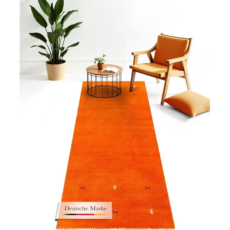 carpetfine 'Gabbeh Uni' Wollteppich, reine Wolle, Orange, 80x350 cm – Bild 1