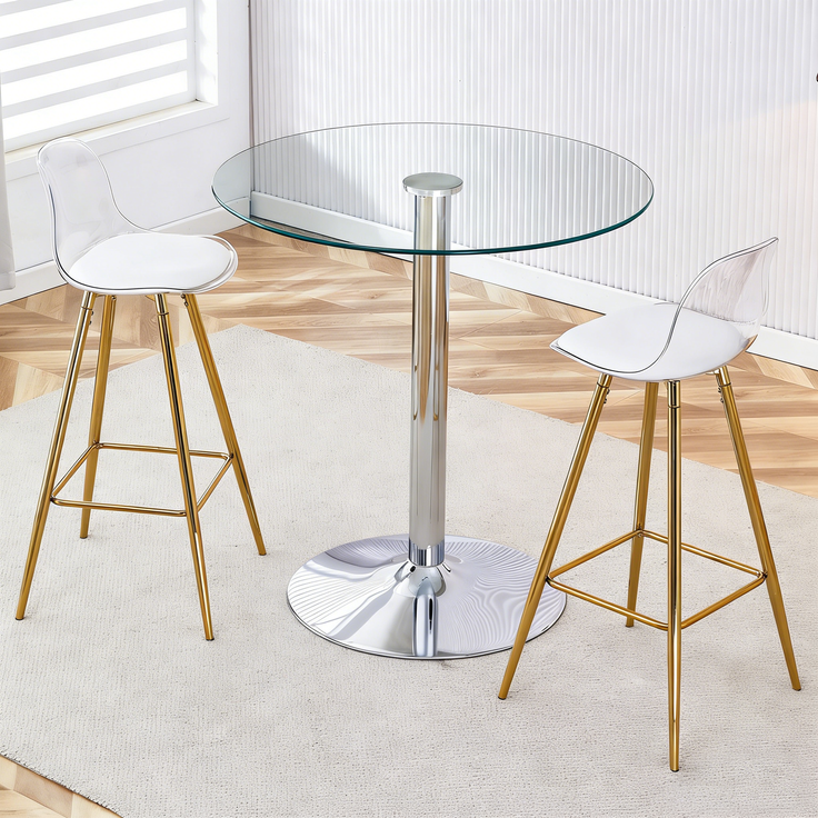 Flexibles Bar-Set: Runder Glastisch mit 89 cm Durchmesser + 2 Barhocker mit goldfarbenen Beinen.• Transparente Optik • Vielseitig einsetzbar •Schafft visuelle Weite und spart Platz, Flexibles Bar-Set: Runder Glastisch mit 89 cm Durchmesser + 2 Barhocke...