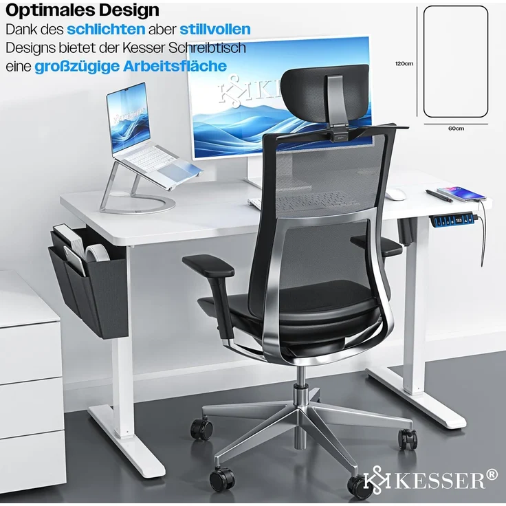 KESSER® Höhenverstellbarer Schreibtisch elektrisch | Ergonomisch Steh-Sitz Schreibtisch | 3-Funktions-Memory Steuerung | Inkl. 360° Rollen & USB-Ladeanschluss | Computertisch für Homeoffice Weiß, 120 x 60 cm – Bild 3