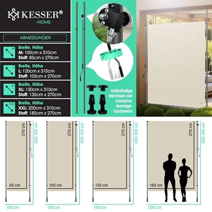 KESSER® Klemmmarkise Senkrechtmarkise 150x310 cm Ausziehbar & Blickdicht Vertikalmarkise mit Handkurbel ohne Bohren Balkon-Sichtschutz & Windschutz für Garten & Terrasse Wasserfest Beige – Bild 7