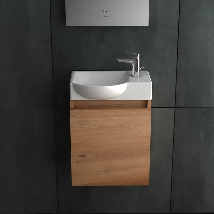 Alpenberger Badezimmer-Set aus Handwaschbecken mit Unterschrank - Bad Waschtisch Bamboo Optik, (Komplett-Set Midi Waschplätze, 2-St, Vormontiertes Badmöbel Hängeschrank), Wandschrank mit Soft-Close-Funktion, pflegeleicht & platzsparend – Bild 2