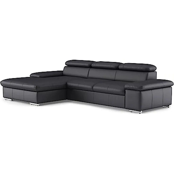 CAVADORE Echtleder-Eckcouch Valerie mit XL-Longchair / Ecksofa mit Kopfteilverstellung, großem Longchair + Metallfüßen / 286 x 73 x 174 / Leder Schwarz