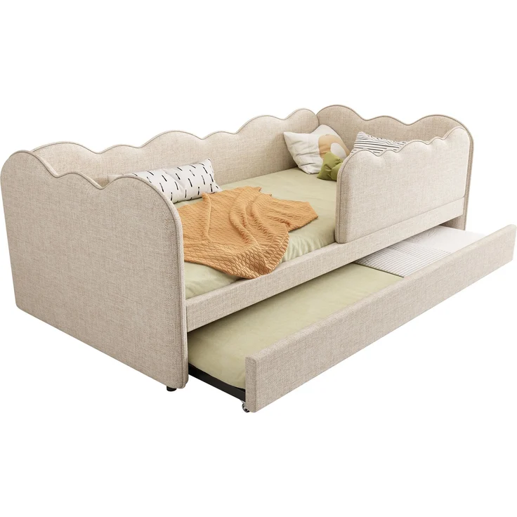 EINHOM Polsterbett Daybett 90 x 190 cm, Tagesbett Schlafsofa mit Ausziehbett 90 x 190 cm, Kinderbett mit Lattenrost, Leinen, Beige, (Ohne Matratze) – Bild 7