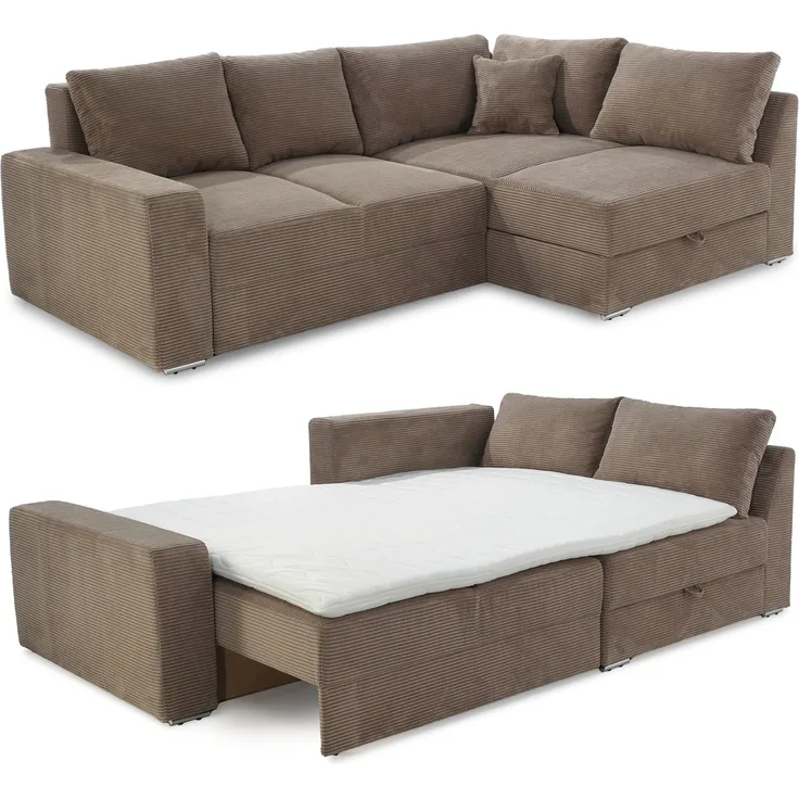 Ecksofa-Dauerschläfer Federkern Topper Bettkasten Schlafcouch Cord Braun Taupe