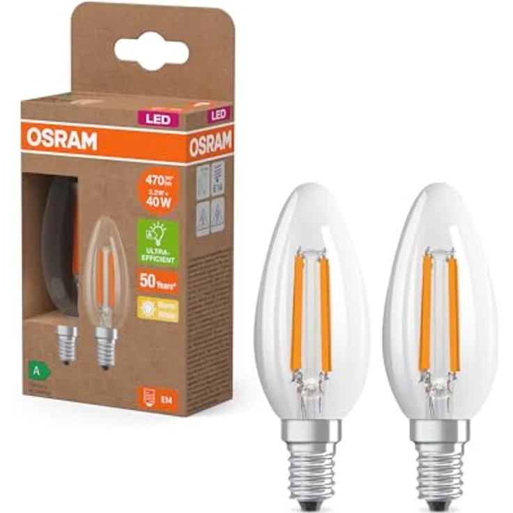OSRAM LED Kerze Filament E14, 2,2W, 2700K, 470lm, 2er-Pack – Bild 1