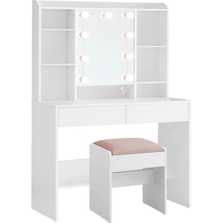 VASAGLE Schminktisch mit Beleuchtung, einstellbare Helligkeit, Hocker, Frisiertisch mit Spiegel, Kosmetiktisch mit verstellbaren Ablagen, 2 Schubladen, modern, wolkenweiß und pastellrosa – Bild 1