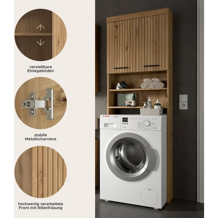 welltime Waschmaschinenumbauschrank SIENA, Breite 63cm, für Waschmaschine & Trockner, 2 Türen, MDF-Front (TOPSELLER) in verschiedenen Farben, Überbauschrank, Umbauschrank, Badschrank – Bild 3