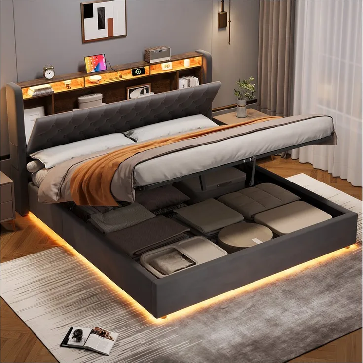 MODFU Polsterbett mit Stauraum und LED-Beleuchtung, 180x200 cm, Grau, mit USB-Anschlüssen und Kopfteil-Ablage