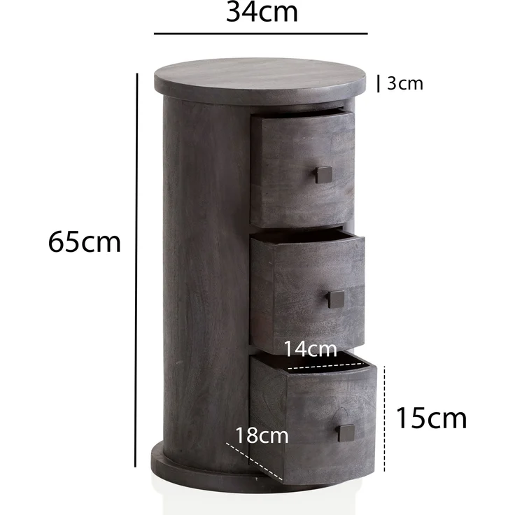 Sideboard Mango Massivholz Schwarz 34x65x34cm 3 Schubladen Beistellschrank – Bild 3