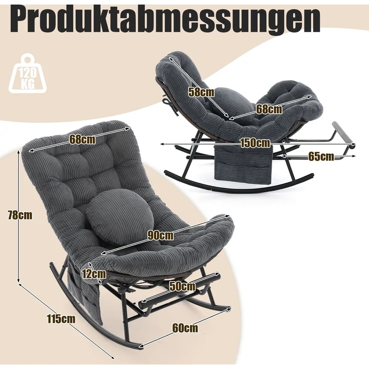 LVHOM Schaukelstuhl mit ausziehbarer Fußstütze, Rattanstuhl mit Stahlrahmen, Schaukelsessel mit gepolstertem Kissen und Seitentasche, Lounge Sessel, 1 St, Dunkelgrau – Bild 7