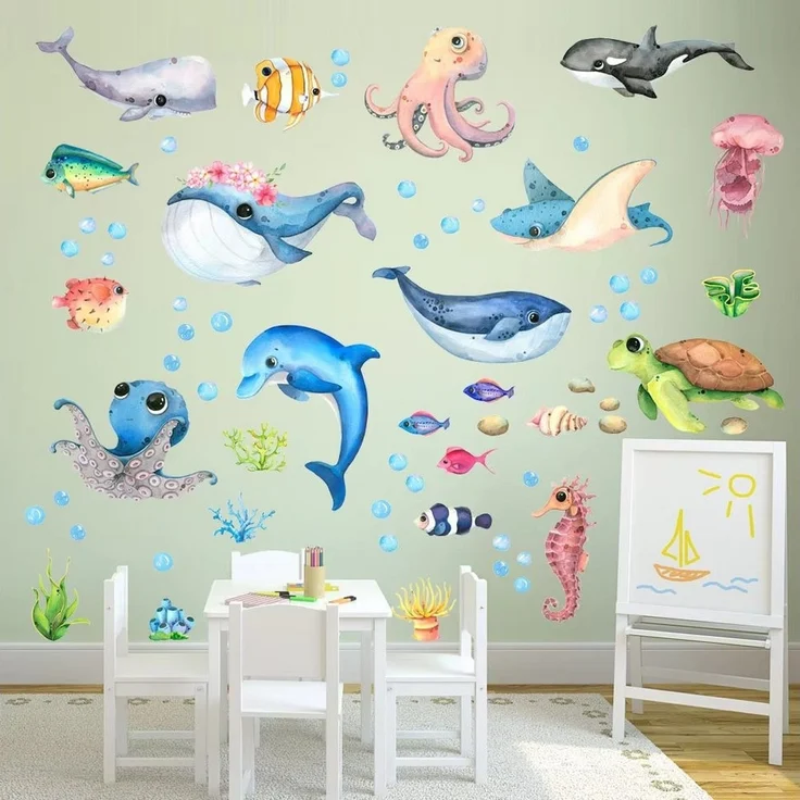 Montegoni Wandtattoo Wandtattoo Unterwasserwelt Oktopus Meeresschildkröte Fische (4 St) (21x30cmX4PCS Marine Life Wandaufkleber für Kinderzimmer), Kinder Wandsticker Marine Life – Bild 2