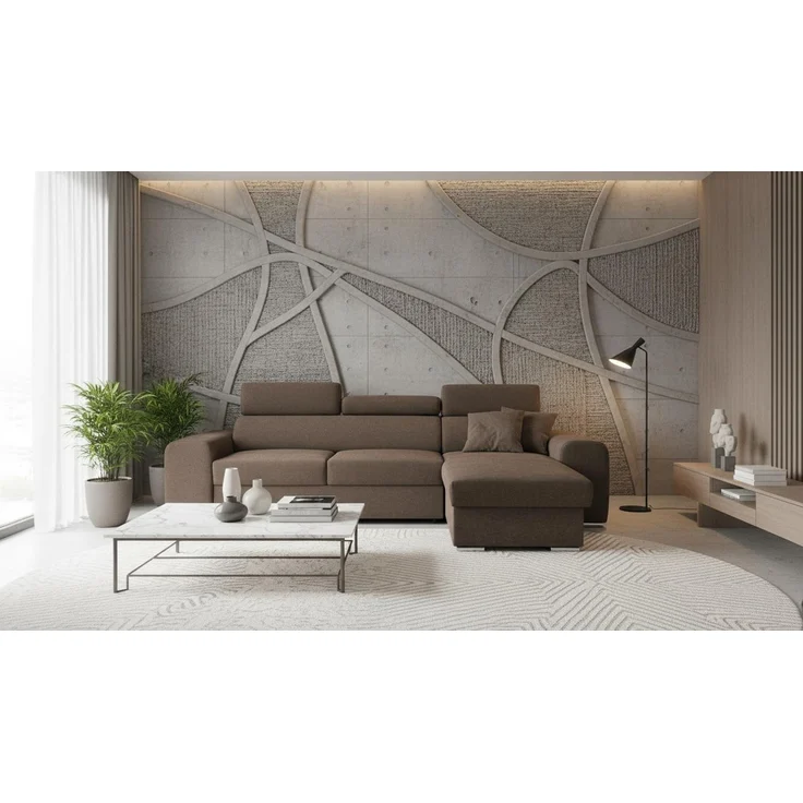 Wohnero24 - Höchste Qualität - Modernes Ecksofa PAVONE 1 - 260x183 cm – Chenille Stoff – Schlaffunktion 198x125 cm & Bettkasten - Hellbraun – Bild 2