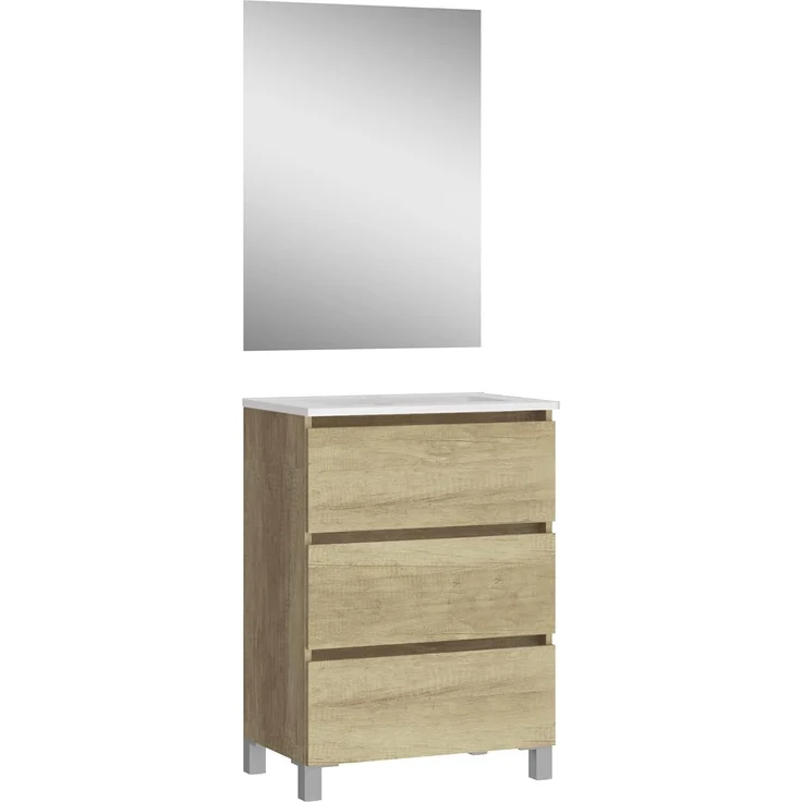 Baikal, Natura Badezimmer-Set mit reduziertem Hintergrund, mit Waschbecken aus Keramik, DREI Schubladen, montiert, DREI Schubladen, DREI Schubladen mit Spiegel, Boden 39 cm, 60 cm, Natur