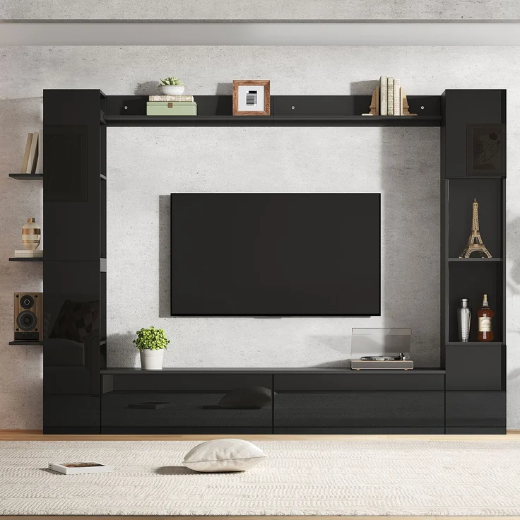 Wohnwand , Vitrinen Türanschlag wechselbar,(Set, 4-St), Kompaktwohnwand mit viel Stauraum,TV-Schrank, Vitrine, Aufbewahrungsschrank, speziell für das Wohnzimmer,Schwarz--Schwarz--245x30x170cm--YOUDENOVA – Bild 4