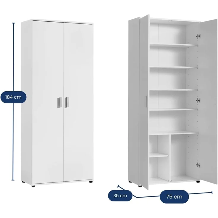 Home Collective Mehrzweckschrank 75 cm breit mit Einlegeböden 75x35x184 cm (BxTxH) Weiß (Vorratsschrank Universalschrank für Haushalt, Flur, Büro, Keller) mit 2 Türen & 6 Einlegeböden – Bild 3