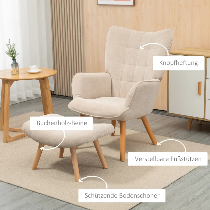 Sessel 72x80x101 cm mit Hocker, Cord-Bezug, Buchenholz‑Beine, beige – Bild 5