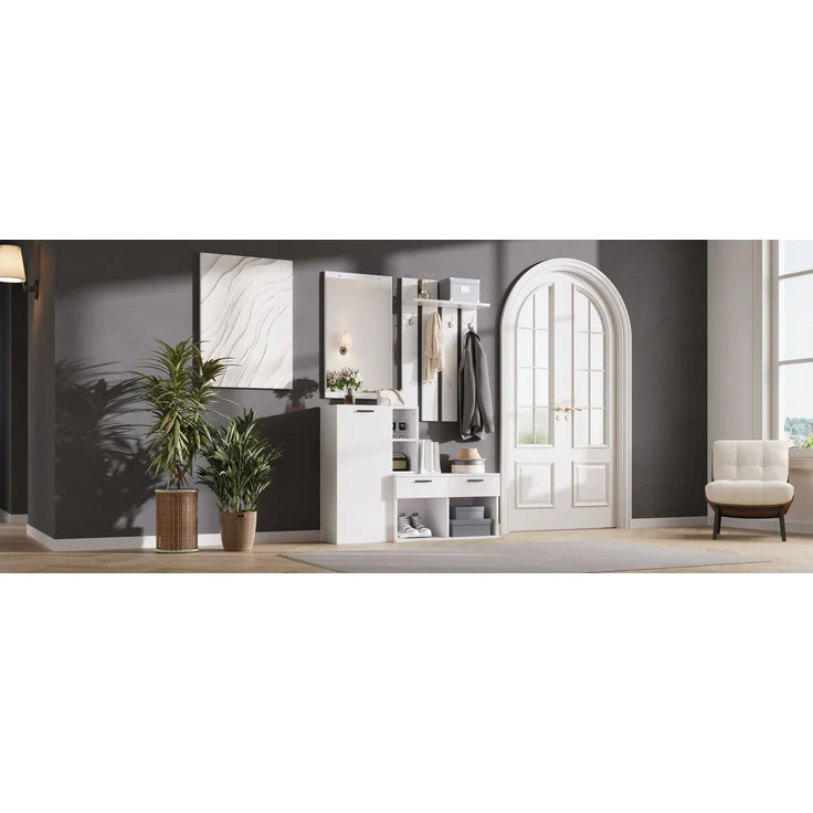 Garderobe im Flur,Garderobenständer für den Eingangsbereich, inklusive Schuhschrank, Spiegel und Kleiderhaken, Kompaktgarderobe mit 2 Schubladen,für Flur Eingangsbereich, Weiß,120x35x175.5cm--Weiß--120x35x175.5cm--YOUDENOVA – Bild 8