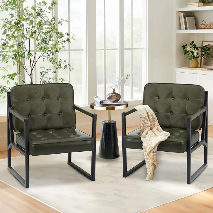 COLAMY Mid Century Modern ohrensessel 2er Set, Bequeme Lounge Sessel, Brauner Leder Accent Chair, Kunstleder Empfangssessel mit Metallbeinen für Wohnzimmer Schlafzimmer Empfangsraum Wartezimmer, grau