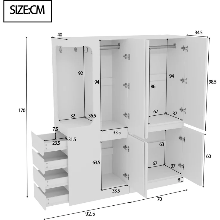 Kleiderschrank 140 x 40 x 170 cm in Weiß und Holzfarbe mit offenem Hängebereich und Schubladen – Bild 4