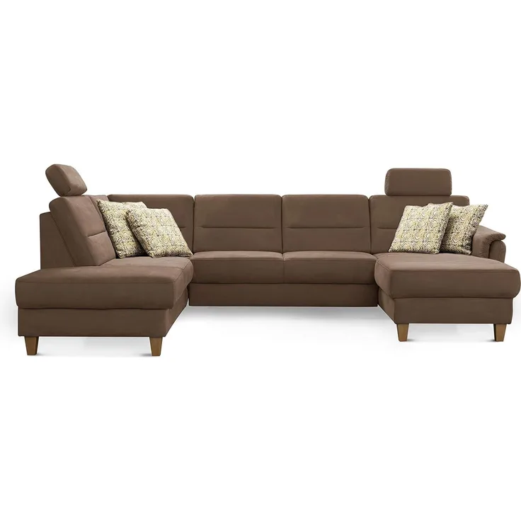 CAVADORE U-Form-Sofa Palera / Federkern-Wohnlandschaft mit 2 Kopfstützen / 314 x 89 x 212 / Mikrofaser, Hellbraun