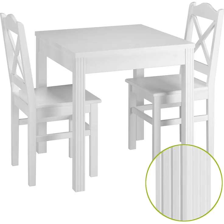 Esszimmergruppe mit Tisch und 2 Stühle Kiefer Massivholz waschweiß 90.70-50 C W-Set 20