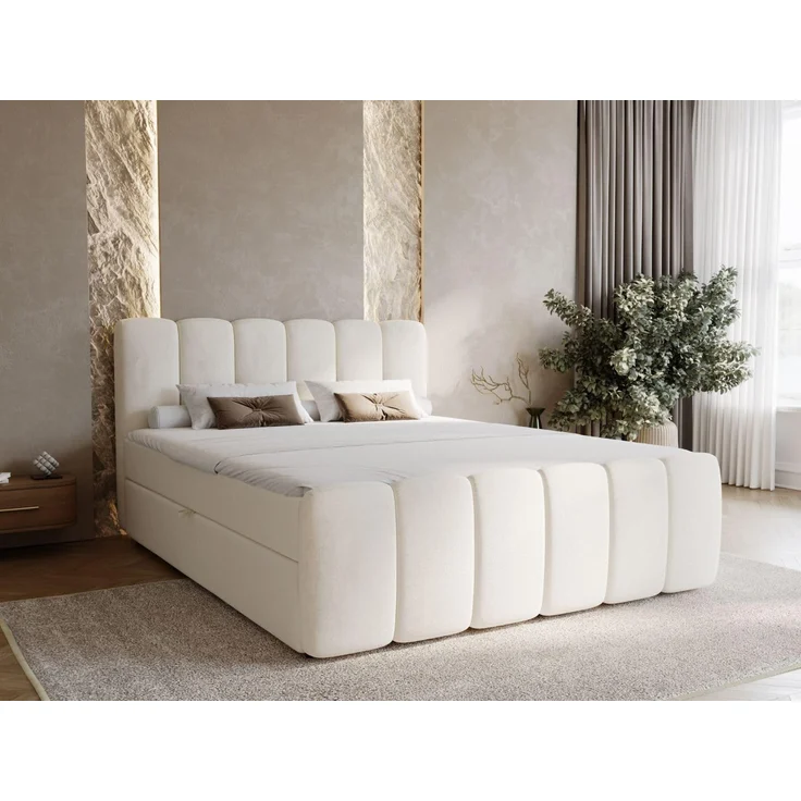 GRAINGOLD Cloud Boxspringbett 140x200, Bett mit Bettkasten, Velour-Stoff, mit Kopfteil, Beige – Bild 1