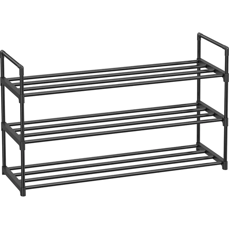 Schuhregal, Schuh-Organizer mit 3 Regalebenen, Schuhaufbewahrung aus Metall, für 12-15 Paar Schuhe, stapelbar, für Wohnzimmer, Flur, Eingangsbereich, schwarz LSA13BK