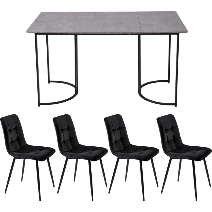 Essgruppe 5-tlg, Esstisch 140x80x75 cm Grau Marmor & 4 schwarze Samtstühle – Bild 3