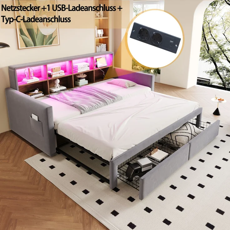 Merax Einzelbett Daybett 90/180 x190cm Ausziehbares Polsterbett Schlafsofa, Kopfteil mit integrierten Staufächern, LED-Lichtleiste und Ladesteckdosen, Mit 2 Schubladen, Samt Hellgrau – Bild 5