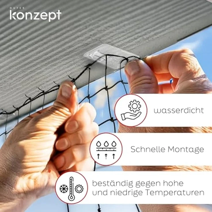 KONZEPT Klebehaken zur Befestigung für Katzennetz am Balkon, extra stark – transparent, Ideal für Katzen- und Dekonetze, Balkonverkleidungen, Lichterketten, leichte Vorhänge, Insektenschutzgitter, (100-St), Ohne Kleber, klein, Haken ohne Bohren, wetter... – Bild 7