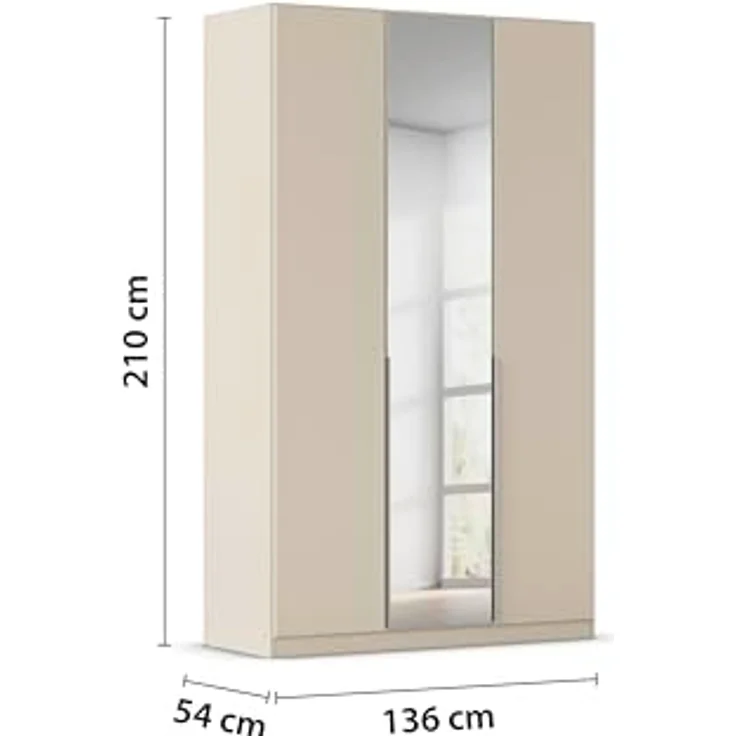 Rauch Möbel Alabama, Kleiderschrank für Schlafzimmer, Kinderzimmer, Wohnzimmer, Garderobe, Flur, 3-türig, Spiegel mit Zubehör Basic, Farbe Beige, Breite 136 cm – Bild 4
