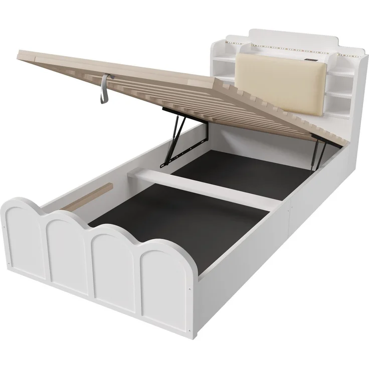 Holzbett mit RGB LED-Streifen, Stauraum, Lattenrost, Kopfteil mit Polsterung, Regal, USB, Type-C, 90x200cm, Einzelbett, Stauraumbett, Jugendbett – Bild 9