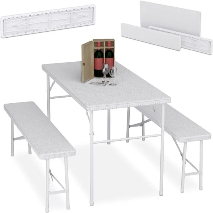 Relaxdays Bierzeltgarnitur, 3-teilig, Klappbar, Kunststoff, 120 x 73 x 61 cm, Weiß – Bild 1