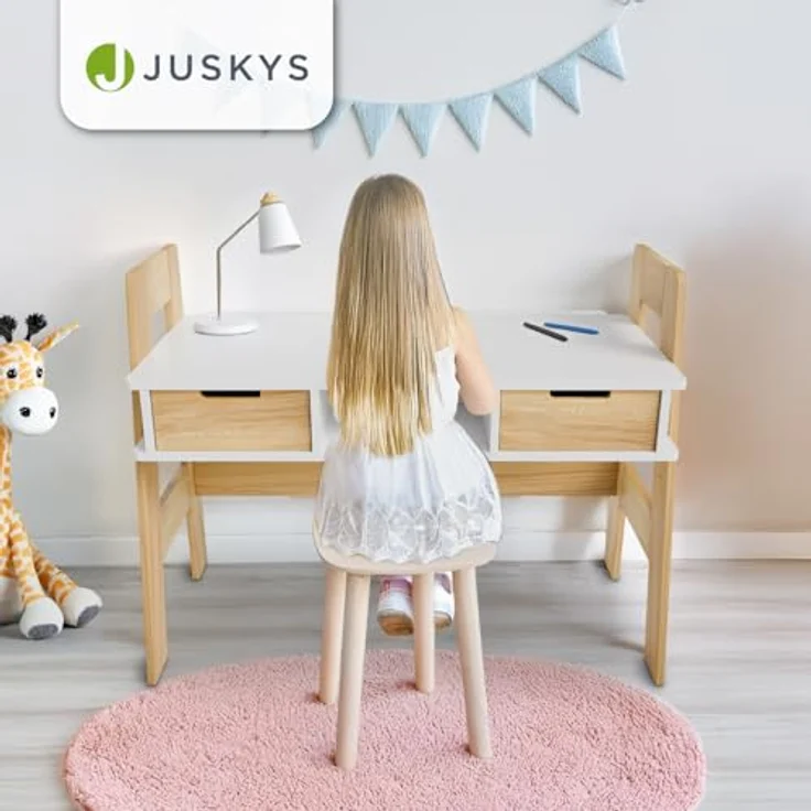 Juskys Kinder Schreibtisch Fietje - höhenverstellbar, 2 Schubladen, robustes Material, kratzfest, viel Stauraum - Kinderschreibtisch aus Holz – Bild 3