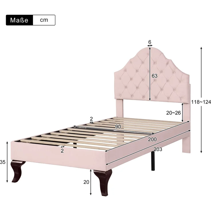 EINHOM Polsterbett 90 x 200 cm mit Lattenrost und Kopfteil, Polsterbett mit Höhenverstellbares Kopfteil, Jugendbett, Einzelbett, Holzlattenunterstützung, Einfache Montage, Samt, Rosa, (Ohne Matratze) – Bild 10