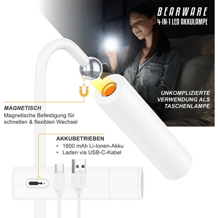BEARWARE Schreibtischlampe 4in1 LED Tischlampe dimmbar, Magnethalterung, Bürolampe, Tischleuchte, mehrere Helligkeitsstufen, LED fest integriert, warmweiß, Akku, 3 Helligkeitsstufen, Standfuß, Wandhalterung, Clip, Taschenlampe – Bild 4