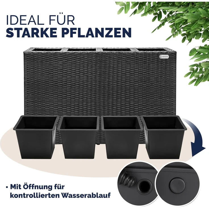 Casaria Pflanzkübel, 4 Innentöpfe Herausnehmbar Polyrattan 95x27x60cm Blumentopf Schwarz – Bild 4