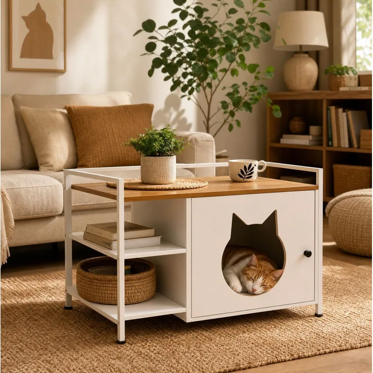 Katzentoilettenschrank mit Katzenhaus und 2 offenen Regalen, 76x54x59 cm, Weiß und helle Eiche