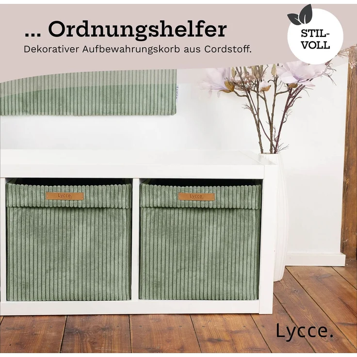 Lycce faltbare Aufbewahrungsbox, 4er Set - Cord, passend für Kallax Regal, abnehmbarer Bezug, robust, formstabil Salbeigrün 31x33x33cm – Bild 9