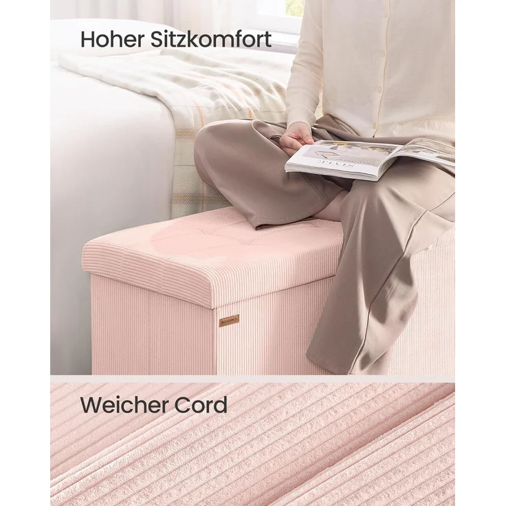 SONGMICS Sitzhocker mit Stauraum, klappbare Sitzbank, 38 x 110 x 38 cm Fußbank, Bettbank, Aufbewahrungsbox, bis 300 kg belastbar, Wohnzimmer, Schlafzimmer, Eingangsbereich, pastellrosa – Bild 4
