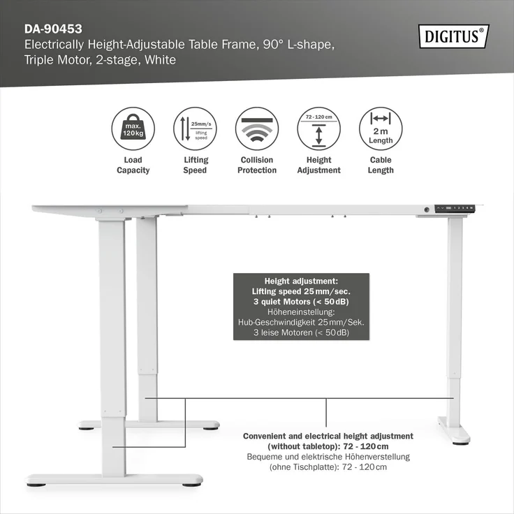 DIGITUS Elektrisch Tischgestell, 90 Grad L-Form, Triple-Motor,Weiß – Bild 5
