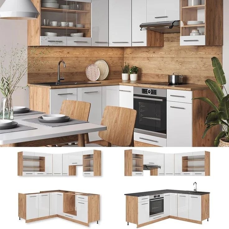 Eckküche Fame-Line Weiß Hochglanz/Goldkraft Eiche 190 x 160 cm ohne Arbeitsplatte Vicco – Bild 5