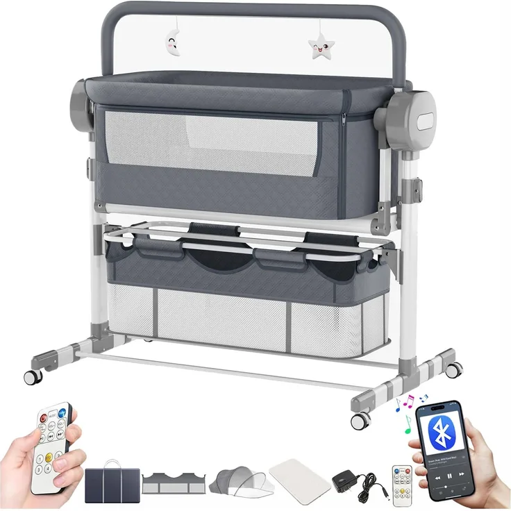 Magic ZC Elektrische Bluetooth Intelligent Beistellbett Baby mit Rollen, Faltbar Co-Sleeping Babybett, Fernbedienung und 5-schwankende Zahnräder, Stubenwagen Kleinkind Wiege mit Musik (608 Grey)
