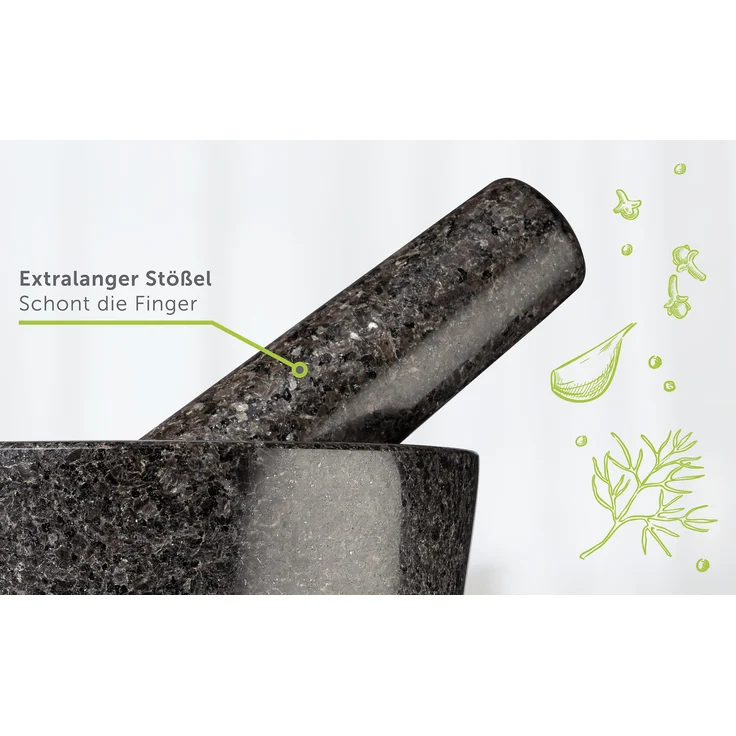 madeco Mörser mit Stößel Granit auf Holzsockel Nussbaum Ø 14,5 cm - Perfekt geeignet für Gewürze, Kräuter & Nüsse - Steinmörser Set - Design Granit Mörser & Stößel groß – Bild 9