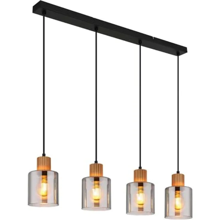 Globo Lighting ALEIDIS, Hängeleuchte mit vier rauchfarbenen Glashängern und Holzapplikationen, H 120 cm