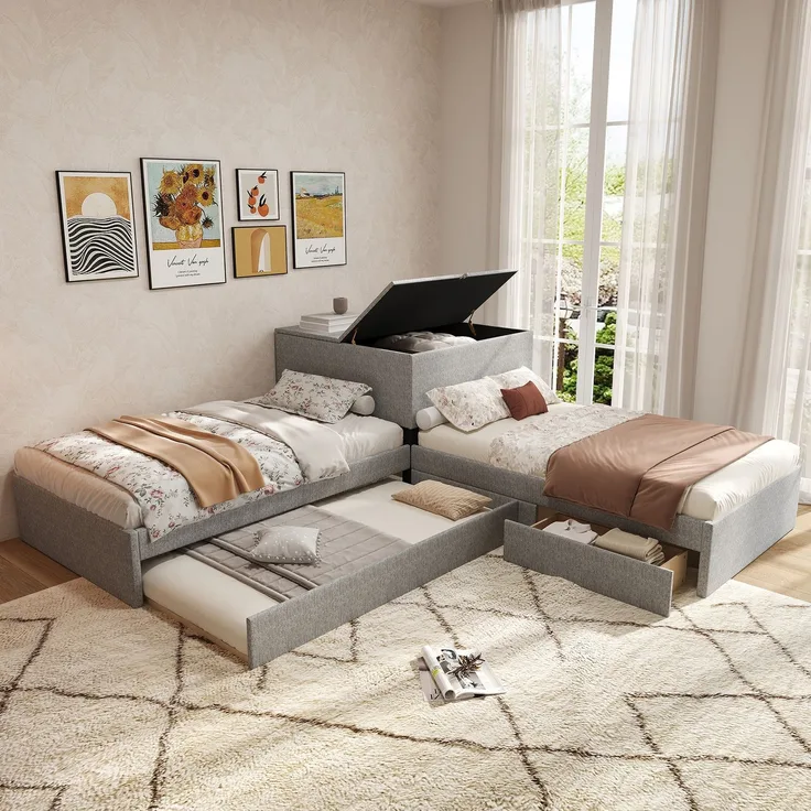 EINHOM Eckbett, Zwei Einzelbett mit Ausziehbett, Polsterbett, Funktionsbett mit Stauraum, mit Stauraumschrank, mit Stauraumschublade, mit Ausziehbett, 90 x 200 cm, Leinen, Grau, (Ohne Matratze)