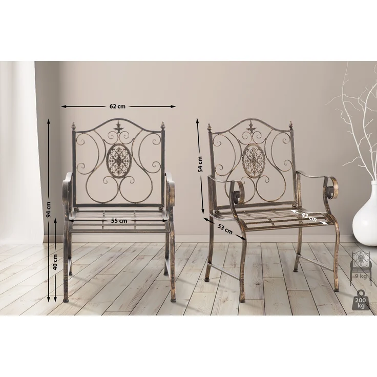 2er Set Gartenstühle AUSTIN - Metall Bronze 62x53x94 cm | Gartenstuhl Metall Terrassenstuhl Antik Verzierung Stühle Garten Balkon – Bild 3
